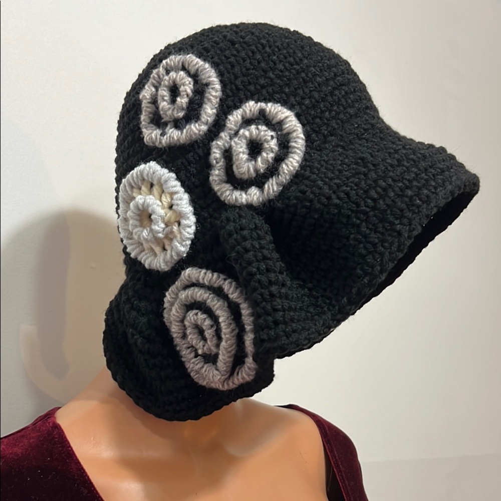 Black Crochet Cloche Hat with Gray Flower Accents